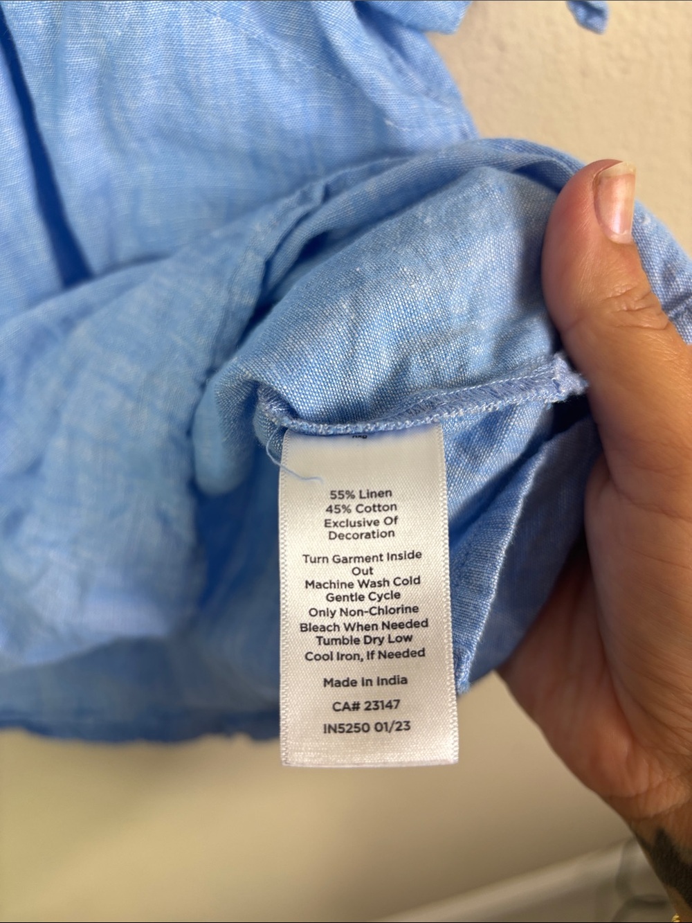 Talbots Linen Cotton Blend Blue Crochet Knit Colllar Tie Sleeve Top Sz Large - Picture 8 of 11